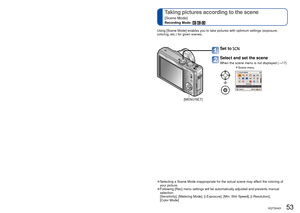 Page 5352   VQT3H43VQT3H43   53
 
Taking pictures according to the scene 
[Scene Mode]
Recording Mode:   
[Custom] Switch to your own settings and record 
Settings registered in [Cust.Set Mem.] can be quickly called up by setti\
ng the mode dial 
to .
Set to  (Custom Mode)
Select custom set 
 • Use ◄► to switch between 
screens.
 
●Even if [Rec] menu, etc. is changed in [Custom], the content of the cust\
om set does not 
change. When changing registration content, reset in [Cust.Set Mem.].
Register your own...