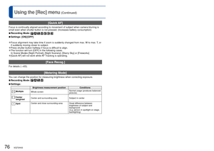 Page 7676   VQT3H43VQT3H43   77
For [Rec] menu setting procedures (→17)Using the [Rec] menu (Continued)
 [i.Exposure]
Automatically adjusts contrast and exposure to give more lifelike colors\
 when there is 
significant contrast between background and subject.
 
■Recording Mode:      
 
■Settings:  [LOW]/[STANDARD]/[HIGH]/[OFF]
 
●[LOW], [STANDARD] and [HIGH] indicate the maximum range of correction. 
●When [i.Exposure] works, the color of  changes. 
●Even if [Sensitivity] is set to [100], when [i.Exposure] is...