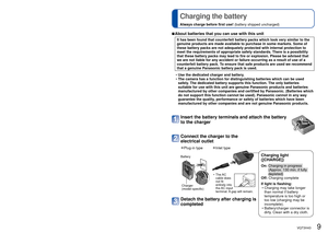 Page 98   VQT3H43VQT3H43   9
 
Names of parts 
Charging the batteryAlways charge before first use! (battery shipped uncharged)
Cursor button
Left cursor button (
◄) • Self-timer (→45)
Down cursor button ( ▼) • Macro Mode (→42)
 • AF Lock (AF Tracking) (→29, 74)
Up cursor button ( ▲) • Exposure Compensation ( →46)
 • Auto Bracket (→47)
Right cursor button ( ►) • Flash (→40)
 
●In this manual, the button that is used is shaded or indicated by ▲▼◄►.
Camera ON/OFF switch (→16)
Shutter button (→25)
Mode dial (→26)...