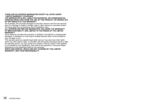 Page 3030   VQT3H25 (ENG) (ENG) VQT3H25   31
THERE ARE NO EXPRESS WARRANTIES EXCEPT AS LISTED UNDER 
“LIMITED WARRANTY COVERAGE”.
THE WARRANTOR IS NOT LIABLE FOR INCIDENTAL OR CONSEQUENTIAL 
DAMAGES RESULTING FROM THE USE OF THIS PRODUCT, OR ARISING OUT 
OF ANY BREACH OF THIS WARRANTY.
(As examples, this excludes damages for lost time, travel to and from the servicer, 
loss of or damage to media or images, data or other memory or recorded content. 
The items listed are not exclusive, but for illustration...