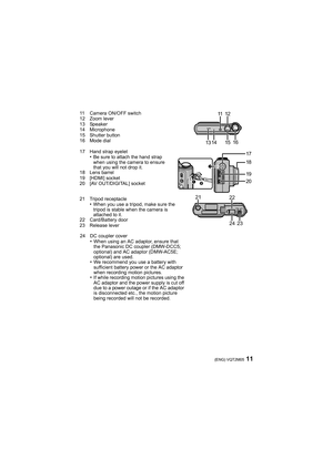 Page 1111(ENG) VQT2M05
11 Camera ON/OFF switch
12 Zoom lever
13 Speaker
14 Microphone
15 Shutter button
16 Mode dial
17 Hand strap eyelet
•Be sure to attach the hand strap 
when using the camera to ensure 
that you will not drop it.
18 Lens barrel
19 [HDMI] socket
20 [AV OUT/DIGITAL] socket
21 Tripod receptacle
•When you use a tripod, make sure the 
tripod is stable when the camera is 
attached to it.
22 Card/Battery door
23 Release lever
24 DC coupler cover
•When using an AC adaptor, ensure that 
the Panasonic...