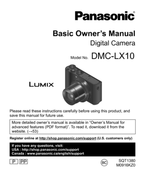 Page 1  SQT1380
  M0916KZ0
 
Basic Owner’s Manual
 
Digital Camera 
  Model No.
 
DMC-LX10
 
 
