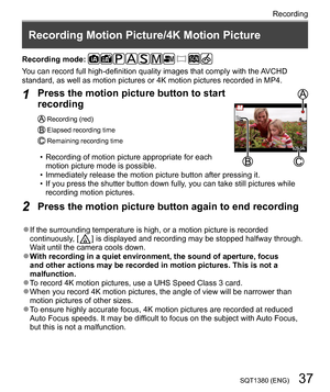 Page 3737SQT1380 (ENG)
Recording
  Recording Motion Picture/4K Motion Picture
 
Recording mode: 
 
Y