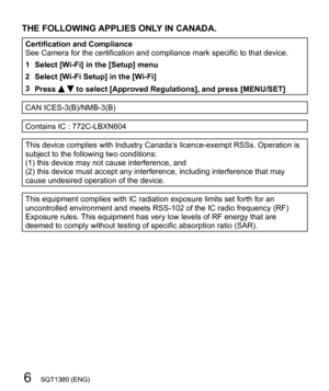 Page 66SQT1380 (ENG)
  THE FOLLOWING APPLIES ONLY IN CANADA.
 
Certification and Compliance
  