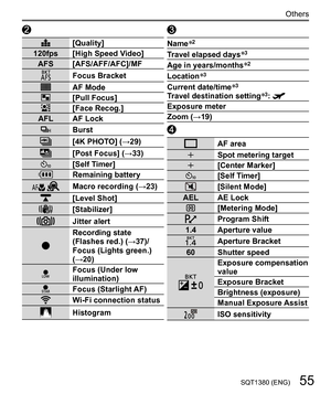 Page 5555SQT1380 (ENG)
Others
 
   [Quality]
  120fps  [High Speed Video]
  AFS  [AFS/AFF/AFC]/MF
 
  Focus Bracket
 
  AF Mode
   [Pull Focus]
   [Face Recog.]
  AFL  AF Lock
 
  Burst
 
  [4K PHOTO] (→29)
 
  [Post Focus] (→33)
   [Self Timer]
   Remaining battery
 
   Macro recording (→23)
 
  [Level Shot]
 
  [Stabilizer]
 
  Jitter alert
 
  Recording state 
(Flashes red.) (→37)/
  Focus (Lights green.) 
(→20)
 
  Focus (Under low 
illumination)
 
  Focus (Starlight AF)
   Wi-Fi connection status...