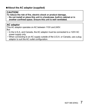 Page 77SQT1380 (ENG)
  ■ 
About the AC adaptor (supplied)
 
CAUTION! 
T