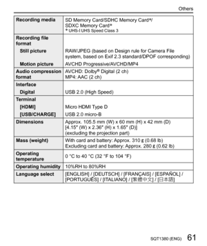 Page 6161SQT1380 (ENG)
Others
  Recording media
  SD Memory Card/SDHC Memory Card/
SDXC Memory Card  UHS- UHS Speed Class 3
  Recording file 
format 
  Still picture 
RAW/JPEG (based on Design rule for Camera File 
