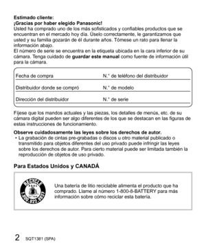 Page 22SQT1381 (SPA)
  Estimado cliente:
¡Gracias por haber elegido Panasonic!
  