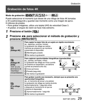 Page 2929SQT1381 (SPA)
Grabación
   
Grabación de fotos 4K
 
Modo de grabación: 
 
