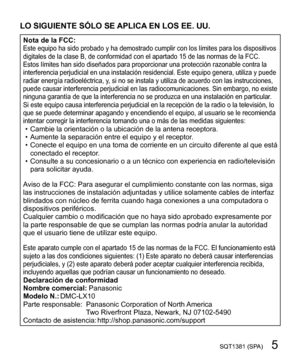 Page 55SQT1381 (SPA)
  LO SIGUIENTE SÓLO SE APLICA EN LOS EE. UU.
 
Nota de la FCC: 
