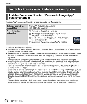 Page 4848
Wi-Fi
SQT1381 (SPA)
  Uso de la cámara conectándola a un smartphone
  
 
Instalación de la aplicación “Panasonic Image App” 
para smartphone
  “Image 