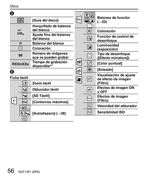 Page 5656
Otros
SQT1381 (SPA)
 
   [Guía del disco]
 
  Horquillado de balance 
del blanco
  Ajuste fino del balance 
del blanco
 
  Balance del blanco
 
  Coloración
  98  Número de imágenes 
que se pueden grabar
  RXXmXXs  Tiempo de grabación 
disponible
1
 
  Ficha táctil
 
   Zoom táctil
 
  Obturador táctil
 
  [AE Táctil]
 
  [Contornos máximos]
      
[Autodisparo] (→28)
 
      
Botones de función 
(→22)
 
 
 
   Coloración
 
  Función de control de 
desenfoque
 
  Luminosidad 
(exposición)
 
  Tipo de...