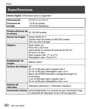Page 6060
Otros
SQT1381 (SPA)
  Especificaciones
 
Cámara digital: Información para su seguridad
 
Alimentación 
CC 8,4 V ( 8,4 V)
  Consumo de 
energía  1,9 W (Al grabar)
  1,6 W (Al reproducir)
 
Píxeles efectivos de 
la cámara  20.100.000 píxeles
  Sensor de imagen 
Sensor MOS de 1″,
  número total de píxeles 20.900.000 píxeles
  Filtro de color principal
  Objetivo 
Zoom óptico 3x
  f=8,8 mm a 26,4 mm
  (equivalente en cámara de película de 35 mm: 
24 mm a 72 mm)
  Gran angular máx.: F1.4 a F11...