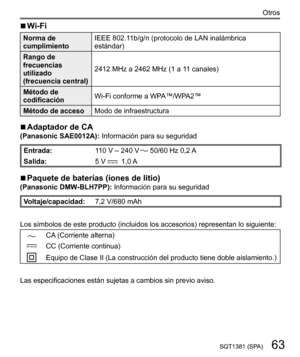 Page 6363SQT1381 (SPA)
Otros
  ■ 
Wi-Fi
 
Norma de 
cumplimiento  IEEE 802.11b/g/n (protocolo de LAN inalámbrica 
estándar)
  Rango de 
frecuencias 
utilizado
  (frecuencia central)  2412 MHz a 2462 MHz (1 a 11 canales)
  Método de 
codificación  Wi-Fi conforme a WPA™/WPA2™ 
  Método de acceso 
Modo de infraestructura
  ■ 
Adaptador de CA 
(Panasonic SAE0012A): Información para su seguridad
 
Entrada: 
110 V – 240 V  50/60 Hz 0,2 A
  Salida: 
5 V 
  1,0 A
  ■ 
Paquete de baterías (iones de litio) 
(Panasonic...