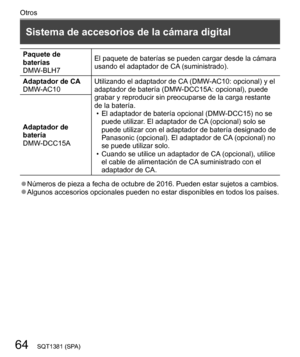 Page 6464
Otros
SQT1381 (SPA)
  Sistema de accesorios de la cámara digital
 
Paquete de 
baterías
  DMW-BLH7  
