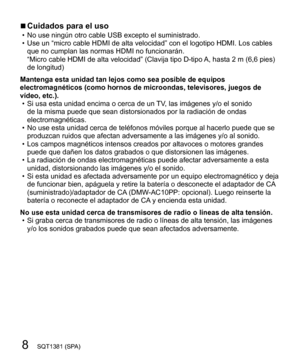 Page 88SQT1381 (SPA)
  ■ 
Cuidados para el uso  • 