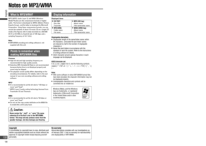 Page 1082 1
34
 



5
6
818
7
–
–
What is MP3/WMA?
MP3 (MPEG Audio Layer-3) and WMA (Windows 
Media™Audio) are the compression formats of digital 
audio. The former is developed by MPEG (Motion Picture 
Experts Group), and the latter is developed by Microsoft 
Corporation. Using these compression formats, you can 
record the contents of about 10 music CD on a single CD 
media (This ﬁ gures refer to data recorded on a 650 MB 
CD-R or CD-RW at a ﬁ xed bit rate of 128 kbps and a 
sampling frequency of 44.1...