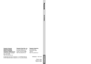 Page 118Panasonic Consumer
Electronics Company,
Division of Panasonic
Corporation of North America
One Panasonic Way, Secaucus,
New Jersey 07094
http://www.panasonic.com
Panasonic Puerto Rico, Inc. 
Ave. 65 de Infanteria, Km. 9.5
San Gabriel Industrial Park,
Carolina, Puerto Rico 00985
http://www.panasonic.com
Panasonic Canada Inc.
5770 Ambler Drive,
Mississauga, Ontario
L4W 2T3
http://www.panasonic.ca
CN-NVD905U
Installation
Dual DIN in-dash HDD Mobile Navigation System with 7 Widescreen Color 
LCD Monitor/DVD...