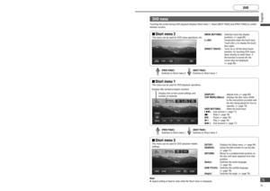 Page 75Switch to disc 
(DVD, CD, MP3/WMA)
Select [DISC] (DVD, CD, MP3/WMA) 
on the Audiovisual source operation 
screen.
   The system switches to disc (DVD, CD, MP3/
WMA).
   The Disc operation screen (DVD, CD, MP3/
WMA) is displayed.
Note:
   Audio and video may be interrupted brieﬂ y while the 
format is identiﬁ ed.
   Restrictions on the disc itself may prevent operation 
from proceeding as described in this manual. 
(“
” is displayed on the monitor.) Refer to the disc 
instructions manual for details....