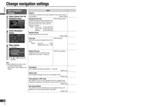 Page 84 Basic  navigation 
settings
1Select [Setup] from the 
Navigation menu.
2Select [Navigation 
Setup].
3Make settings.( right table)
  Use [] or [] to display the 
next page.
Note:
   Select [Default] to go to the screen 
for selecting default setting.
   Select [Yes] to return settings to the 
defaults.
ItemsSettings
 Distance
Set the units for distances and scales displayed on the screen or used in 
voice guidance.  default: [miles]
   [km] ...... Sets kilometer for distance displays.   [miles] ......