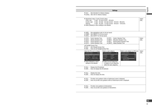 Page 85 Basic  navigation 
settings
1Select [Setup] from the 
Navigation menu.
2Select [Navigation 
Setup].
3Make settings.( right table)
  Use [] or [] to display the 
next page.
Note:
   Select [Default] to go to the screen 
for selecting default setting.
   Select [Yes] to return settings to the 
defaults.
ItemsSettings
 Distance
Set the units for distances and scales displayed on the screen or used in 
voice guidance.  default: [miles]
   [km] ...... Sets kilometer for distance displays.   [miles] ......
