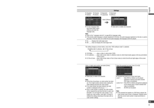 Page 95ItemsSettings
[ Audio  Language]
Sets the audio language.
 default: English
  [English]    [French]    [Spanish]     [German]  [Italian]     [Dutch]     [Japanese]    [Others]
Select [Others].[ Subtitle  Language]
Sets the subtitle language.
 default: English
[ DVD  Language]
Sets the menu language displayed.
 default: English   To set a language other 
than those listed, select 
[Others] and enter the 
language code.  Select [] to delete one character.
Note:
   Refer to the “Language code...