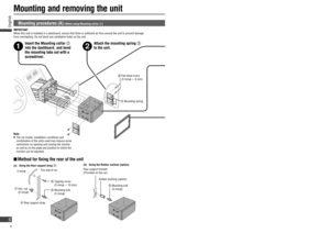 Page 6Hook
Mounting procedures (A) (When using Mounting collar 
)
Note:   The car model, installation conditions and 
combination of the units used may impose some 
restrictions on opening and closing the monitor 
as well as on the angle and position to which the 
monitor can be adjusted.
(a)  Using the Rear support strap 
.
Fire wall of car
3 mm

  Rear support strap
  Tapping screw 
(5 mm  16 mm)

  Mounting bolt 
(5 mm) 
  Hex. nut 
(5 mm)(b)  Using the Rubber cushion (option)
Rubber bushing...