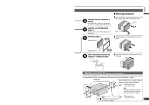 Page 7Hook
Mounting procedures (A) (When using Mounting collar 
)
Note:   The car model, installation conditions and 
combination of the units used may impose some 
restrictions on opening and closing the monitor 
as well as on the angle and position to which the 
monitor can be adjusted.
(a)  Using the Rear support strap 
.
Fire wall of car
3 mm

  Rear support strap
  Tapping screw 
(5 mm  16 mm)

  Mounting bolt 
(5 mm) 
  Hex. nut 
(5 mm)(b)  Using the Rubber cushion (option)
Rubber bushing...