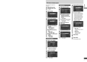 Page 7POI (Point of interest) search
Use a POI name to search for a 
destination.
1Select [POI] from the 
Destination menu  (All).
(page 4)
2Enter the name.
3Set the search conditions.
  To re ne your search by 
category
 Select  [Category].
  Go to step 4 - 
  To re ne your search by 
city
 Select [City].
  Go to step 4 - 
  If there is no re ne search 
setting
 Select [List].
  Go to step 5
 
Search by category
4


Select a main category.
   Select [List all categories] to 
display the...