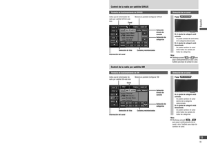 Page 19Pantalla de funcionamiento de SIRIUS
Muestra la pantalla Con gurar SIRIUS
Canal
Información del canalSelección 
directa de 
canales
Selección de 
categorías
Canales presintonizados
Indica que el sintonizador de 
radio por satélite SIRIUS está 
listo
Selección de lista
Selección de un canal
Pulse .
Si el ajuste de categoría está 
activado
   Se puede cambiar de canal dentro 
de la categoría seleccionada.
Si el ajuste de categoría está 
desactivado
   Se puede cambiar de canal 
entre todos los canales de...
