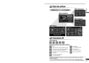 Page 11Características
Fácil de utilizar
Menú DestinoMenú Información
Menú Con gurar Menú navegación
Panasonic le da la bienvenida a la familia constantemente en aumento de poseedores de productos electrónicos. Nos 
esforzamos en proporcionarle las ventajas de la ingeniería mecánica y electrónica de precisión, de una fabricación 
con componentes cuidadosamente seleccionados, y de un montaje realizado por personas orgullosas de la reputación 
que su trabajo ha cimentado para nuestra empresa. Estamos seguros de...