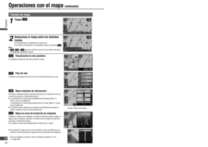 Page 28 Cambio de mapa
Operaciones con el mapa (continuación)
1
Toque .
2
Seleccione el mapa entre los distintos 
iconos.
   Consulte abajo el signi cado de cada icono.  Se utiliza la visualización en una pantalla cuando se selecciona  .
Nota:   ,  y  aparecen durante la guía de ruta cuando hay datos 
de mapa que se pueden mostrar.
    Mapa ampliado de intersección
Se indica la distancia hasta la próxima intersección, el nombre de la vía a 
la que hay que girar y la dirección del giro.
   La intersección se...