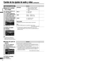 Page 90  Cambio del ajuste de 
aspecto
1Seleccione [ ASPECTO] 
cuando aparezca la 
pantalla de funcionamiento 
de DVD/AV.
(Ejemplo: DVD)
2Realice los ajustes 
deseados. 
( tabla derecha)
 Ajuste de la pantalla
  Ajuste de la calidad 
de la imagen
1Seleccione [Pantalla] en el 
menú Con gurar.
O, cuando la pantalla esté 
en modo de DVD/AV/Cámara 
de vista posterior, toque 
parte de la pantalla para que 
aparezcan las teclas táctiles 
y seleccione [PANTALLA].
(Ejemplo: DVD)
2Realice los ajustes 
deseados.
(...