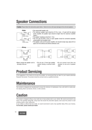 Page 16CQ-2130U16
Speaker Connections
Caution:Please follow the instructions given below.  Failure to do so will cause damage to the unit and speakers.
L
R
- 
- 
- - 
- - 
- - 
- 
- +
+
++
++
+
++ +- +
- +
- +- +- +
- +- +- +
L
R
L
R
L
R


(White)
(White
w/black stripe)
Chassis
(Gray 
w/black stripe)(Gray)
Chassis
• Use ungrounded speaker only.
• The maximum speaker input should be 37 W or more.  (If used with the optional
power amplifier, the speaker input should be higher than the maximum amplifier
output.)
•...