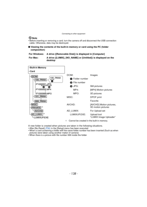 Page 138Connecting to other equipment
- 138 -
Note
•Before inserting or removing a card, turn the camera off and disconnect the USB connection 
cable. Otherwise, data may be destroyed.
∫ Viewing the contents of the built-in memory or card using the PC (folder 
composition)
A new folder is created when pictures are taken in the following situations.
•
After [No.Reset]  (P56) in the [Setup] menu has been executed•When a card containing a folder with the same folder number has been inserted (Such as when 
pictures...