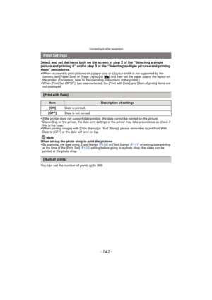 Page 142Connecting to other equipment
- 142 -
Select and set the items both on the screen in step 2 of the “Selecting a single 
picture and printing it” and in step 3 of the “Selecting multiple pictures and printing 
them” procedures.
•
When you want to print pictures on a paper size or a layout which is not supported by the 
camera, set [Paper Size] or [Page Layout] to [ {] and then set the paper size or the layout on 
the printer. (For details, refer to the operating instructions of the printer.)
•When [Print...