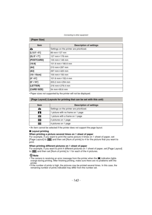 Page 143- 143 -
Connecting to other equipment
•Paper sizes not supported by the printer will not be displayed.
•An item cannot be selected if the printer does not support the page layout.
∫Layout printing
When printing a picture several times on 1 sheet of paper
For example, if you want to print the same picture 4 times on 1 sheet of paper, set 
[Page Layout] to [ ä] and then set [Num.of prints] to 4 for the picture that you want to 
print.
When printing different pictures on 1 sheet of paper
For example, if you...