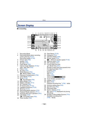 Page 144Others
- 144 -
OthersScreen Display
∫In recording
1 Recording Mode
2 Recording Mode (when recording  motion pictures)  (P107)
Recording quality  (P108)
3 Picture size (P89)
4 Quality  (P90)
5 3D alert (P26)
6 Flash Mode  (P85)
7 Optical Image Stabilizer  (P105)/
: Jitter alert  (P23)
8 Focus  (P24)
9 AF area  (P24)
10 White Balance (P92)
: Motion Deblur  (P36)
11 Exposure Compensation  (P98)
12 Color Mode  (P103)
13 Burst  (P102)
: Auto Bracket (P99)
14 Macro Mode  (P96)
15 Battery indication  (P12)
16...