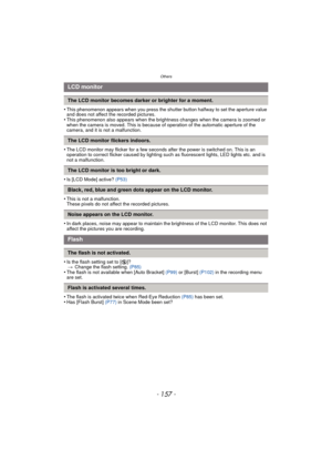 Page 157- 157 -
Others
•This phenomenon appears when you press the shutter button halfway to set the aperture value 
and does not affect the recorded pictures.
•This phenomenon also appears when the brightness changes when the camera is zoomed or 
when the camera is moved. This is because of operation of the automatic aperture of the 
camera, and it is not a malfunction.
•The LCD monitor may flicker for a few seconds after the power is switched on. This is an 
operation to correct flicker caused by lighting such...