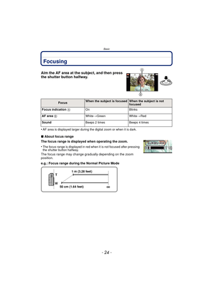 Page 24Basic
- 24 -
Focusing
Aim the AF area at the subject, and then press 
the shutter button halfway.
•AF area is displayed larger during the digital zoom or when it is dark.
∫About focus range
The focus range is displayed when operating the zoom.
•
The focus range is displayed in red when it is not focused after pressing 
the shutter button halfway.
The focus range may change gradually depending on the zoom 
position.
e.g.: Focus range during the Normal Picture Mode
FocusWhen the subject is focusedWhen the...