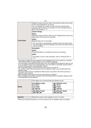 Page 52Basic
- 52 -
•The number of days that have passed since the departure date can be printed out using the 
“ PHOTOfunSTUDIO ” bundled software on the CD-ROM (supplied).
•The travel date is calculated using the date in the clock setting and the departure date you set. 
If you set [World Time] to the travel destination, the travel date is calculated using the date in 
the clock setting and the travel destination setting.
•The travel date setting is memorized even if the camera is turned off.•The number of...