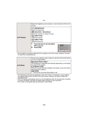 Page 53- 53 -
Basic
•Some subjects may appear differently from actuality on the LCD monitor. However, this does 
not affect the recorded pictures.
•The brightness of the pictures displayed on the LCD monitor is increased so some subjects 
may appear different from real life on the LCD monitor. However, this does not affect the 
recorded pictures.
•The LCD monitor automatically returns to normal brightness after 30 seconds when recording 
in Power LCD Mode. It will light up brightly again by button or touch...