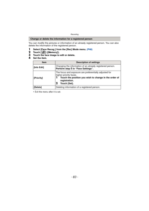 Page 83- 83 -
Recording
You can modify the pictures or information of an already registered person. You can also 
delete the information of the registered person.
1Select [Face Recog.] from the [Rec] Mode menu. (P48)2Touch [ ] ([Memory]).3Touch the face image to edit or delete.
4Set the item.
•
Exit the menu after it is set.
Change or delete the information for a registered person
ItemDescription of settings
[Info Edit]
Changing the information of an already registered person.
Perform step 5 in “Face...
