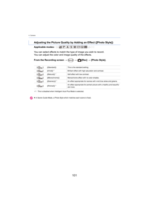 Page 1014. Camera
101
Applicable modes: 
From the Recording screen > [ ] >   [Rec]  > [Photo Style].
Adjusting the Picture Quality by Adding an Effect ([Photo Style ])
You can select effects to match the type of image you wish to record.
You can adjust the color and image quality of the effects.
[ ]([Standard]) This is the standard setting.
[ ]([Vivid])¢1Brilliant effect with high saturation and contrast.
[ ]([Natural])¢1Soft effect with low contrast.
[ ]([Monochrome]) Monochrome effect with no color shades.
[...