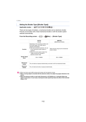 Page 1124. Camera
112
Applicable modes: 
From the Recording screen > [ ] >   [Rec]  > [Shutter Type].
Setting the Shutter Type ([Shutter Type])
There are two types of shutters, a mechanical shutter and an el ectronic shutter. 
Pictures can be taken with a fixed mechanical shutter or with t he shutter system 
selected automatically.
[AUTO]
([Auto]) [MSHTR]
([Mechanical Shutter])
Function Depending on the recording condition and 
the shutt

er speed, the shutter type is 
switched automatically.
≥ With less...
