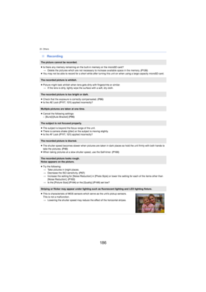 Page 18620. Others
186
∫Recording
The picture cannot be recorded.
≥Is there any memory remaining on the built-in memory or the mic roSD
  card?
> Delete the pictures which are no t nece ssary to increase available space in the memory. (P126)
≥ Y
ou may not be able to record fo r a short w hile after turning this unit on when using a large capacity microSD card.
The recorded picture is whitish.
≥Picture might look whitish when lens gets dirty with fingerprin ts or similar
 .
> If the lens is dirt y, lightly wipe...