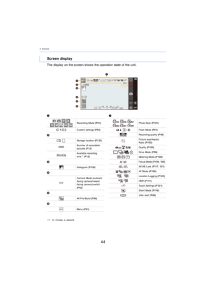 Page 444. Camera
44
The display on the screen shows the operation state of the unit.
Screen display
¢1 m: minute, s: second
1
2
3
4
5
6 7
Recording Mode  (P51)
Custom settings  (P62)
Storage location  (P122)
0500 Number of recordable 
pictures 
(P12)
Available recording 
time
¢ 1 (P12)
Histogram  (P120)
Camera Mode (outward 
facing camera/inward 
facing camera) switch 
(P42)
4K Pre-Burst  (P50)
Menu  (P91)
Photo Style  (P101)
‡ ‰   Œ Flash Mode (P81)
Recording quality  (P48)
Picture size/Aspect 
Ratio  (P103)...