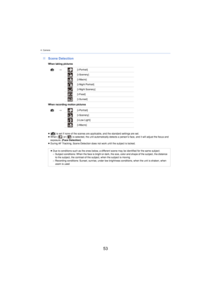 Page 534. Camera
53
∫Scene Detection
When taking pictures
When recording motion pictures¦
> [i-Portrait]
[i-Scenery]
[i-Macro]
[i-Night Portrait]
[i-Night Scenery]
[i-Food]
[i-Sunset]
¦ > [i-Portrait]
[i-Scenery]
[i-Low Light]
[i-Macro]
≥ [
¦] is set if none of the scenes are applicable, and the standard  settings are set.
≥ When [ ] or [] is selected, the unit automatically detects a person’s face,  an d it will adjust the focus and 
exposure.  (Face  Detection)
≥ During AF Tracking, Scene Detection does not...