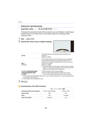 Page 874. Camera
87
Applicable modes: 
1[] >  [ ]. (P84)
2Operate the control ring to configure settings.
3Ta p   [ ].
Setting the Light Sensitivity
This allows the sensitivity to light (ISO sensitivity) to be se t. Setting to a higher figure 
enables pictures to be taken even in dark places without the re sulting pictures 
coming out dark.
[AUTO] The ISO sensitivity is automatically adjusted according to the 
brig
htness.
≥ Maximum [3200]
¢1
[ ]
(Intelligent) The unit detects movement of the subject and then...