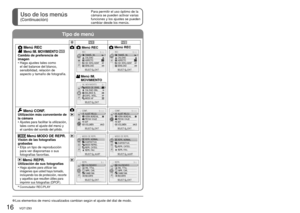 Page 1616   VQT1Z83VQT1Z83   17
Uso de los menús 
(Continuación)
Para permitir el uso óptimo de la 
cámara se pueden activar varias 
funciones y los ajustes se pueden 
cambiar desde los menús.Operación de filmación 
básica Ajuste el reloj antes de filmar 
(pág. 14).
Tipo de menú
 Los elementos de menú visualizados cambian según el ajuste del dia\
l de modo.
  Menú REC Menú IM. MOVIMIENTO Cambio de preferencia de 
imagen
•  Haga ajustes tales como el del balance del blanco, 
sensibilidad, relación de 
aspecto y...